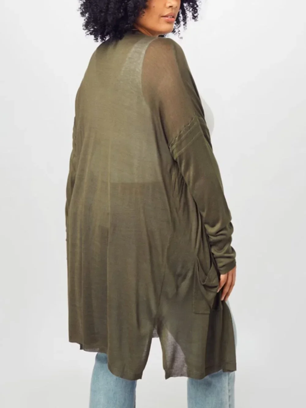 Kaffe Lightweight Long Sandra Open Cardigan In Olive Green - Picture 4 of 6